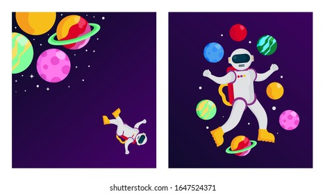 Flat outer space background illustration vector. Outer space illustration in pack. Outer space with spaceman and spacecraft