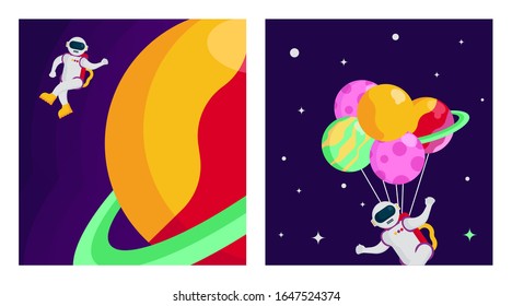 Flat outer space background illustration vector. Outer space illustration in pack. Outer space with spaceman and spacecraft