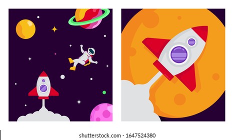 Flat outer space background illustration vector. Outer space illustration in pack. Outer space with spaceman and spacecraft