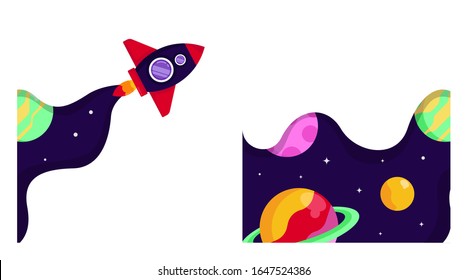 Flat outer space background illustration vector. Outer space illustration in pack. Outer space with spaceman and spacecraft