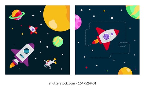 Flat outer space background illustration vector. Outer space illustration in pack. Outer space with spaceman and spacecraft