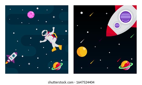 Flat outer space background illustration vector. Outer space illustration in pack. Outer space with spaceman and spacecraft