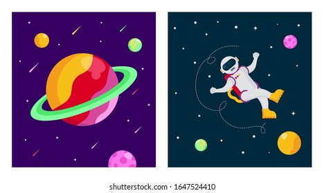Flat outer space background illustration vector. Outer space illustration in pack. Outer space with spaceman and spacecraft