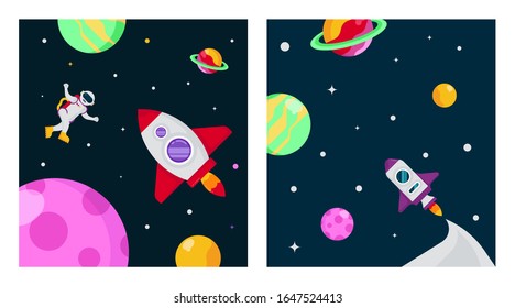 Flat outer space background illustration vector. Outer space illustration in pack. Outer space with spaceman and spacecraft