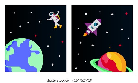 Flat outer space background illustration vector. Outer space illustration in pack. Outer space with spaceman and spacecraft