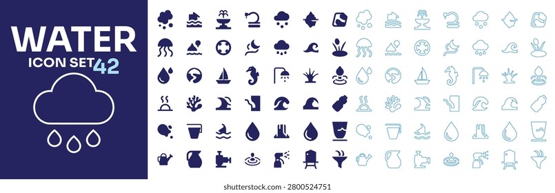 Flat and outline aqua element and nature water vector icon set for environmental designs.
