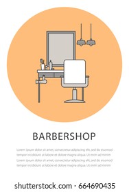 Flat outline barbershop icon on the orange background. Hairdressing salon
 isolated black and white illustration. Modern interior design. Vector line art.