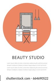 Flat outline beauty studio icon on the red background. Salon
 isolated black and white illustration. Modern interior design. Vector line art.