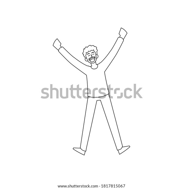成功を祝う人々を描いた平らなコンセプトの漫画 幸せな若い男性がジャンプポーズをとり 手のベクターイラストデザインを持ち上げる のベクター画像素材 ロイヤリティフリー