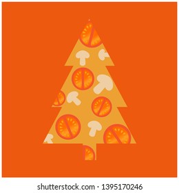 Flat outline christmas tree, decorated by pizza ingredients - vector icon isolated; illustration for prints of Italian pizza cuisine, decoration and design of finished food, dish and ingredients, web.