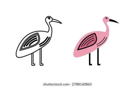 Flat Outline and Colored Crane Bird Icon