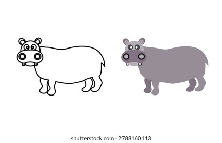 Flat Outline and Colored Hippo Animal Icon
