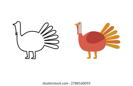 Flat Outline and Colored Turkey Bird Icon