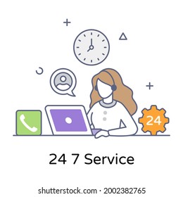 Flat outline concept icon of 24  7 services