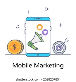 Un icono de concepto de esquema plano para el marketing móvil