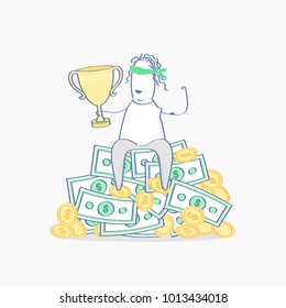 Flat outline cute character sitting with a cup on a pile of money. Victory, success, reward, championship, achievement, award concept, competition winner, prize vector illustration icon.