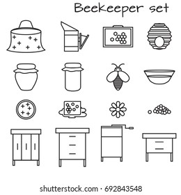 Flat outline design elements of Beekeeping and apiculture. Beekeeper Tools and equipment set. Apiary Instrument isolated. Beehive and Honeycomb. Honey in jar