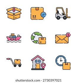 Conjunto de iconos de diseño de contorno plano para servicios de entrega, envío y logística.
