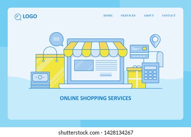 Flat outline design, Online shopping, Online payment, Buying online - vector banner with icons