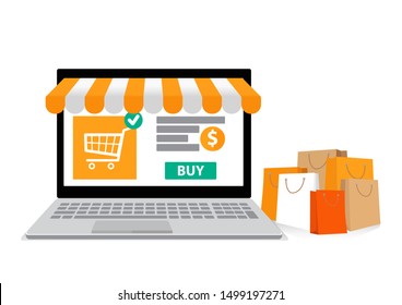 Flat outline design, Online shopping, Online payment, Buying online - vector banner with icons