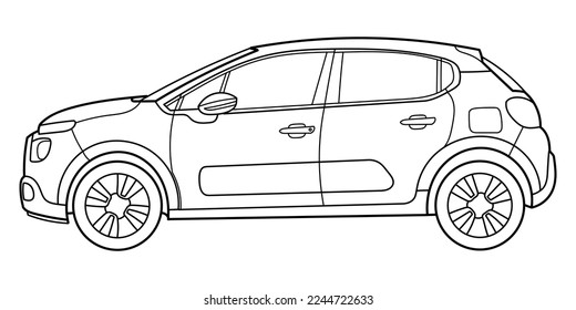 Flat outline doodle illustration of electric car. Side view. The concept of the electronic movement of electromobility.