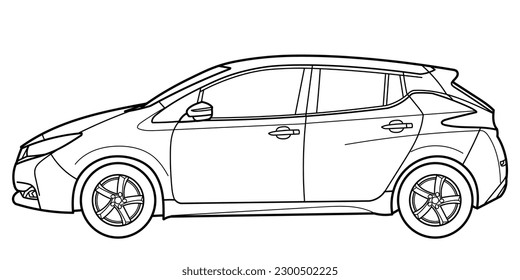 Flat outline doodle illustration of electric car. Side view. The concept of the electronic movement of electromobility.