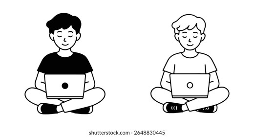Desenho de esboço plano de crianças que usam laptops em um ambiente tecnológico relaxado e moderno