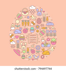 Flat outline easter and spring icons within an easter egg shape.