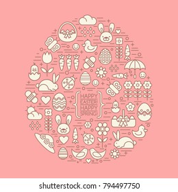 Flat outline easter and spring icons within an easter egg shape.