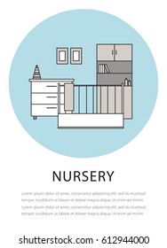 Flat outline home icon on the blue background. Nursery isolated black and white illustration. Modern children's room interior design. Vector template for poster, flayer, brochure.
