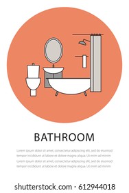 Flat outline home icon on the colorful background. Bathroom isolated black and white illustration. Modern toilet interior design. Vector template for poster, flyer, brochure.
