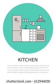 Flat outline home icon on the colorful background. Kitchen isolated black and white illustration. Modern kitchen furniture interior design. Vector template for poster, flyer, brochure.