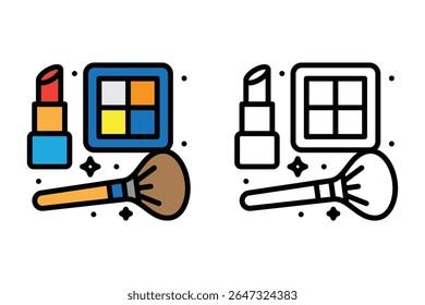 Ícone plano e de contorno de um conjunto completo de ferramentas de maquiagem, incluindo um batom, pincel em pó e paleta de cores. Ideal para interfaces de aplicativos de beleza