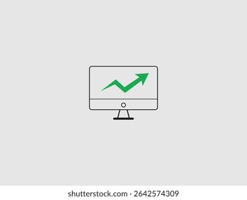 A flat outline icon of a computer monitor displaying a green upward trending line graph