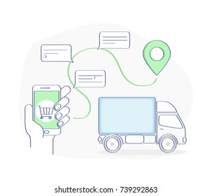 Icono de esquema plano Concepto de navegación GPS, entrega de carga, sistema logístico o aplicación móvil para envíos de mercancías, entrega de compra. Ilustración vectorial aislada en fondo blanco. Transporte.