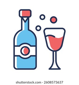 A flat outline icon denoting wine bottle with a flute glass