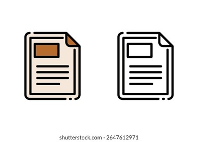 Flat and outline icon of a document or paper sheet with lines of text and a title block. This icon represents a file, report, form, or written content. vector graphic