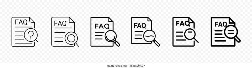Flat outline icon of FAQ document with magnifier representing help center, customer support, question search, knowledge base and informational guidance