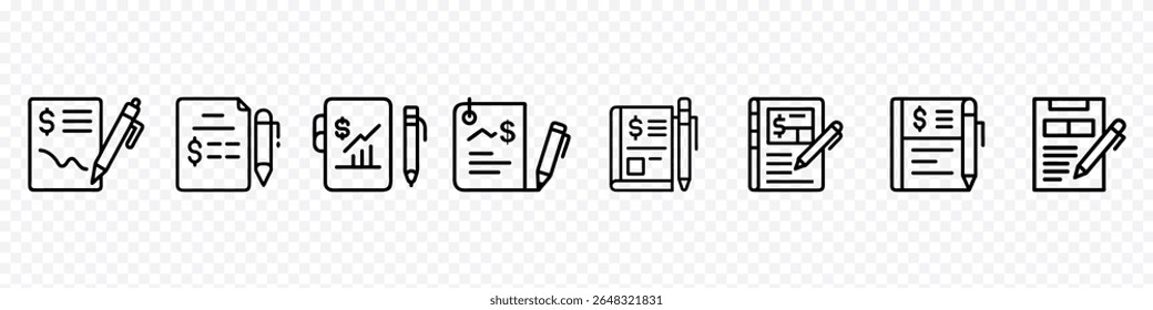 Flat outline icon of financial journal with pen symbolizing daily transaction entry, bookkeeping, personal finance log, expense tracking and accounting notes