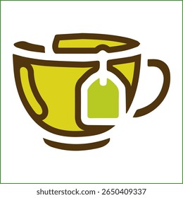 Flat outline icon of a green tea cup with a hanging tea bag tag, showcasing a simple vector design for beverage illustrations.

