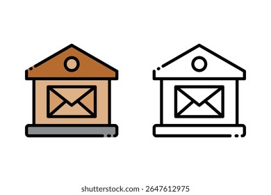 Ícone plano e de estrutura de tópicos de um edifício de correios com um símbolo de envelope. O ícone representa serviços de correio ou instalações postais. Ideal para serviço de correio, entrega, gráfico vetorial da empresa postal