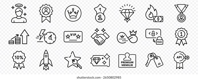 Flat outline icon set premium membership, achievement badges, VIP access, financial growth, reward cards, payment, success, icon set of awards, achievements, VIP badges, trophies, medals
