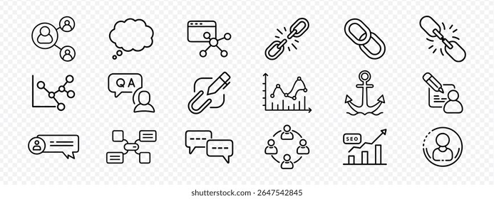 Flat outline icon set of SEO strategy, link building, digital marketing, social media communication, profile optimization, Icons Set of Digital Communication, Networking, SEO, and Link Sharing