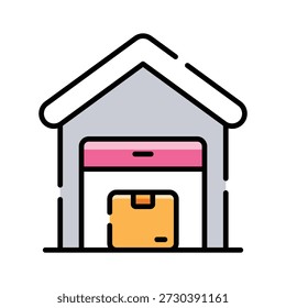 A flat outline icon showing a warehouse storage facility.