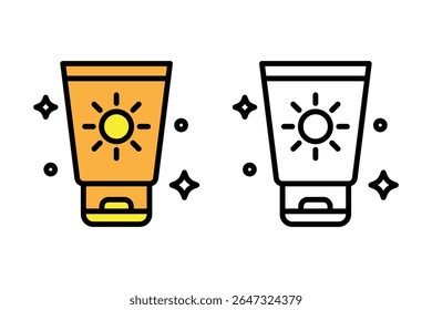 Flat and outline icon of a sunscreen tube featuring a sun symbol. This icon represents sunblock or SPF skincare products. Ideal for use in cosmetic product packaging, summer skincare campaigns vector