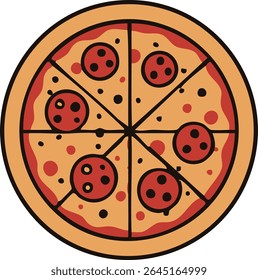 Flat outline icon of a whole pepperoni pizza, a vector symbol for Italian fast food, pizzeria menus, and food delivery services.