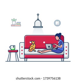 Flat Outline Illustration Vector Graphic of People Work with Laptops on Sofa Beds at home. The Staring Cat. Work From Home. Modern and Classic Room.