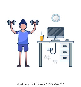 Flat Outline Illustration Vector Graphic Of Exercise People Lift Barbells At Home. Activities While At Home. Modern And Clean Desk Setup. Healthy Life.