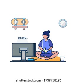 Flat Outline Illustration Vector Graphic of People Play games at home. Modern and Vintage Setup Style.