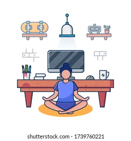 Gráfico vectorial de ilustración de esquema plano de la meditación de personas en el área de trabajo. Trabajar Desde Casa. Moderna y vintage Desk Setup From Home